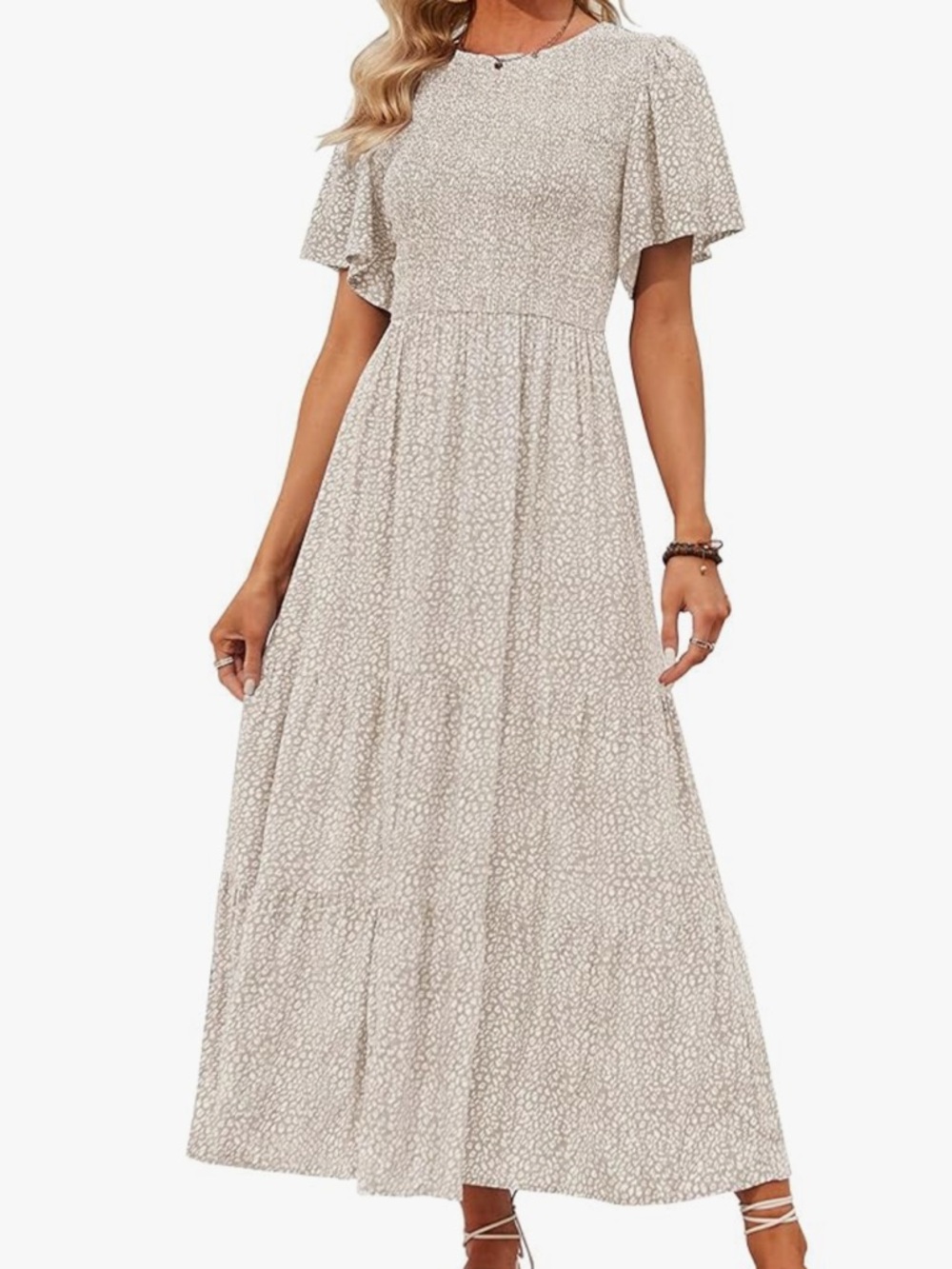 Tiered Light Taupe Floral Maxi Dress with Flutter Sleeves